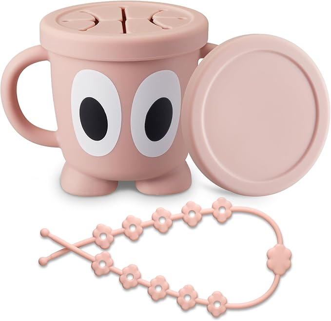 Silicone Snack Cups Food Container for Toddlers and Babies, Spill Proof Training Cup with Snack Cup Lid & Dust Proof Lid, Comes with a toy strap, Without BPA, Lead, or Phthalates (Pink)