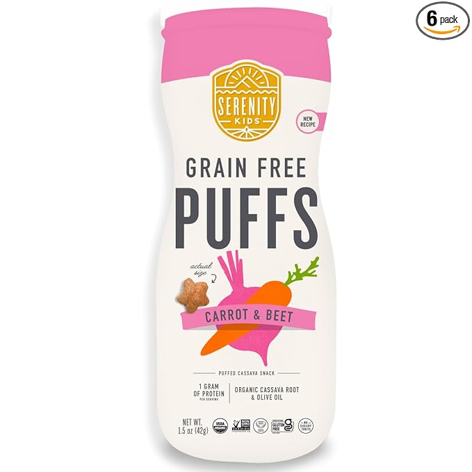 Serenity Kids 6+ Month Grain-Free Baby Veggie Puffs - No Added Sugar - Gluten-, Rice-, Dairy- & Soy-Free - Organic Cassava, Carrot & Beet - Portable Toddler Snacks - 1.5 Oz, 6 Pack