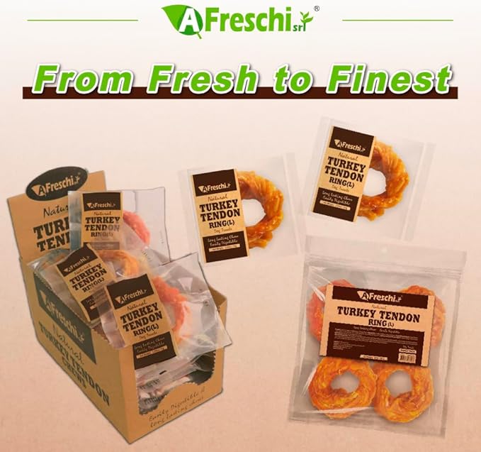 A Freschi srl Turkey Tendons for Dogs, USA-Sourced, Healthy Dog Treats, Rawhide-Free Puppy Chews, Long Lasting, All Natural, Hypoallergenic Dog Treats for Large Breeds, 1 Count Pack Ring (L)