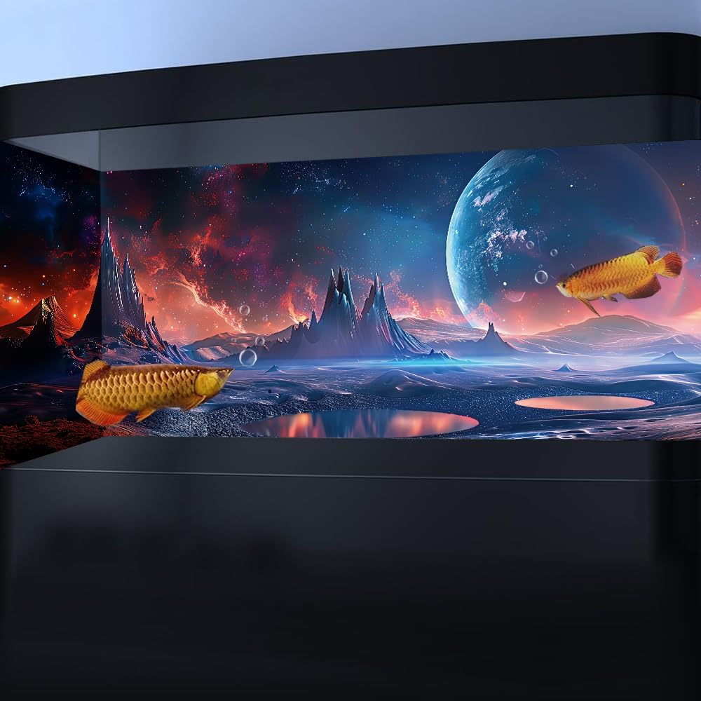 Scarlet Cosmic Aquarium Background,Cool Galaxy Parallel Space Themed Fish Tank Background, Tropical Desert Terrarium Background 36X20IN with 8 EVA Double-Sided Tape