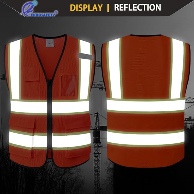 Safety Vest for Men Women Reflective with 5 Pockets and Zipper Front Mesh High Visibility Vest Hi Vis Construction Work Vest,Meets ANSI/ISEA Standards(EK175-Orange-XL)