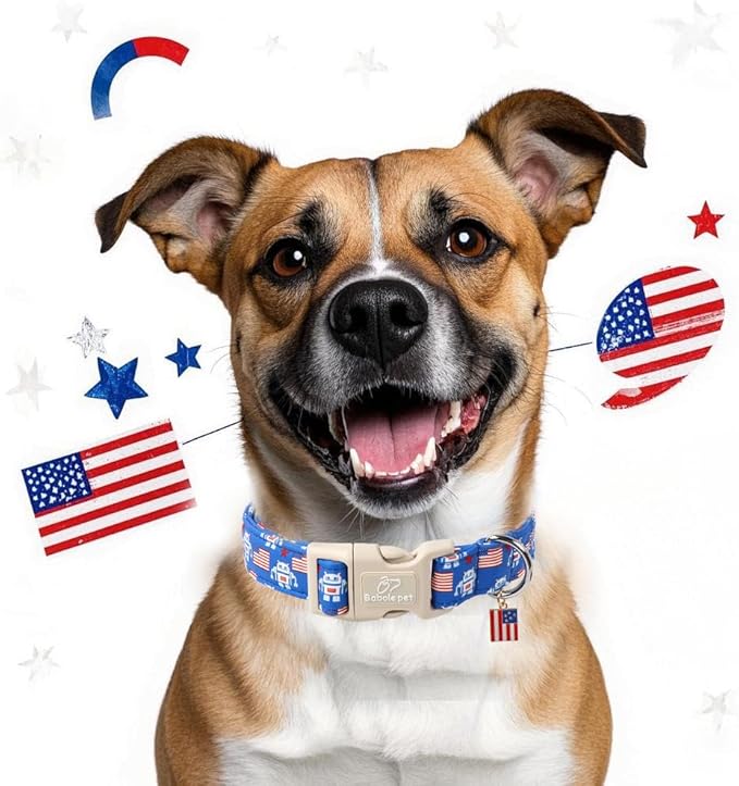 4th of July Dog Collar, Robot Star-Spangled Patriotic Dog Collars for Small Dogs, Adjustable Lightweight Quick-Release Buckle Collar for Boy&Girl Dogs S