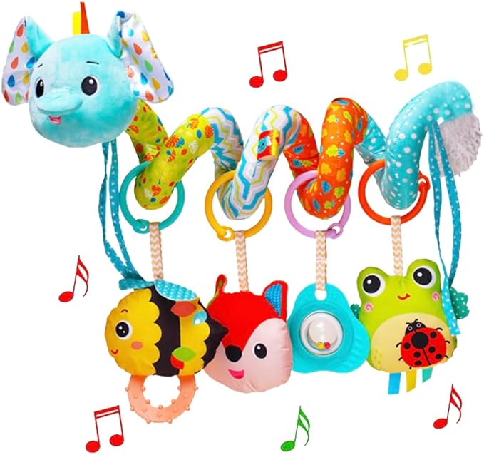 Stroller Toys, Car Seat Toys for Babies Infants 0-6 Months, Activity Spiral Plush Hanging Toy Gift for Baby Boys and Girls 0 3 6 12 Months Newborn Sensory Toy with Rattles Squeaker Music -Blue