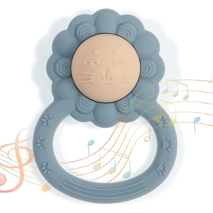 Rattle Teether, Lion Shape Montessori Baby Sensory Teething Toys, Food Grade Silicone BPA Free, Newborn Essentials Must Haves (Shifting Sand Ether)