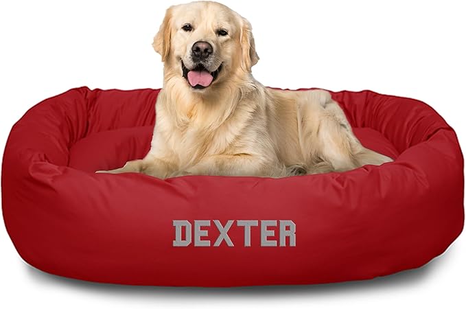 Majestic Pet Personalized Bagel Calming Dog Bed - Cozy Soft Round Washable Dog Bed - 40x29x9 Inch - Large Red