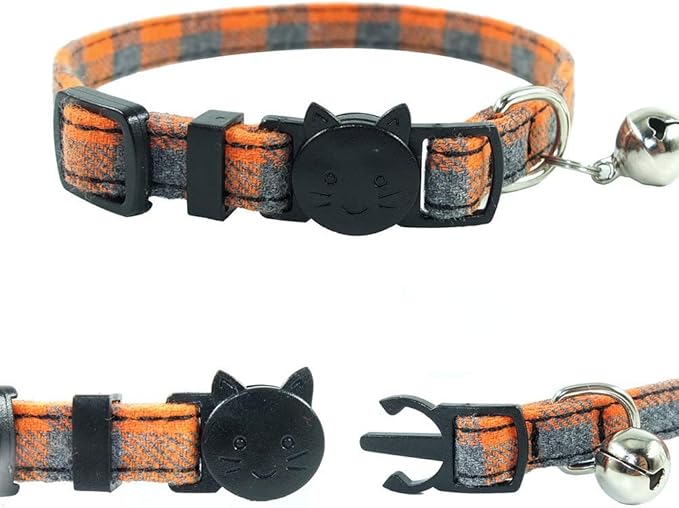 Cat Collars Breakaway with Bell and Bow Tie, Plaid Design Adjustable Safety Kitty Kitten Collar(6.8-10.8in) (Orange Plaid)