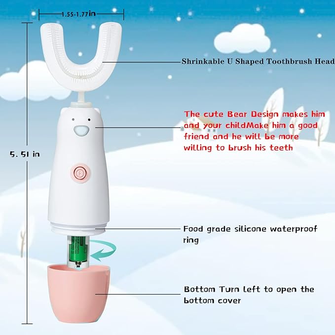 Kids Electric Toothbrush，U Shaped toddler Toothbrush Waterproof Battery Powered 360 Automatic Sonic u shaped Toothbrushes for 2-7 Years Old for Boys Girls，with 2 Replacement Brush Heads（Pink）