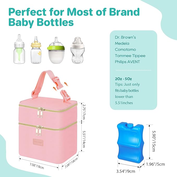 PIIOSER Breast Milk Storage Cooler Bag with Ice Pack, Fits 4 Baby Bottles Up to 5 Ounce, Small Insulated Breastmilk Cooler Travel Bag with Handle Buckle for Nursing & Working Mom Daycare(Pink-XS)