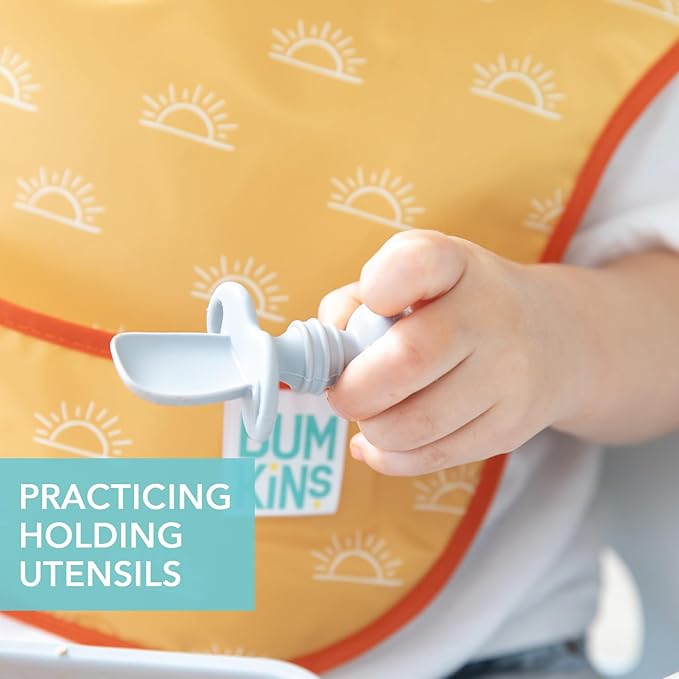 Bumkins Baby Utensils Set, Chewtensils Silicone Spoons for Dipping, Self-Feeding, Baby Led Weaning, Trainer Learning, First Stage Eating, Soft Practice Fork and Spoon, Babies 6 Months, Gray