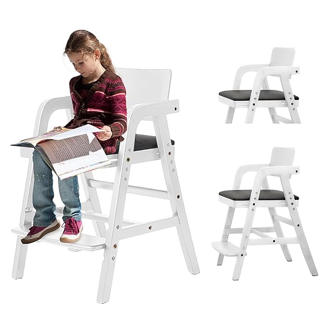 Solid Wood High Chair for Toddlers to Teens, Adjustable Height Toddler Dining Chair, Easy to Clean Toddler Highchair with Removable PU Cushion for Dining, Studying, Step Tool, White