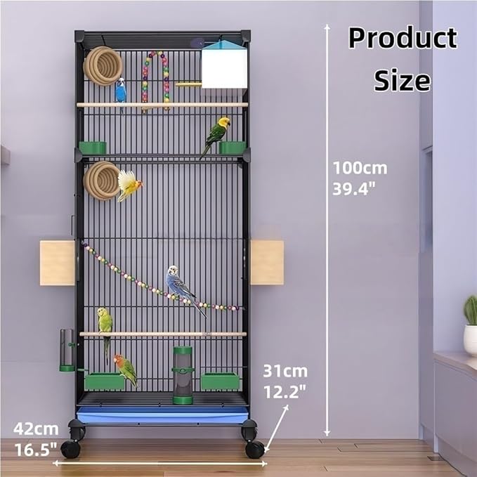 39.4-Inch Rolling Metal Bird Cage with Stand, Includes Grass Nest - Spacious Parrot Home for Budgies, Lovebirds, Canaries (Black)