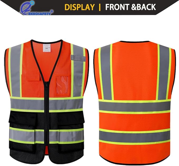Reflective Mesh Safety Vest for Men Women with 5 Pockets and Zipper Front High Visibility Mesh Vest Hi Vis Construction Work Vest,Meets ANSI/ISEA Standards(EK175-Orangeblack-XL)