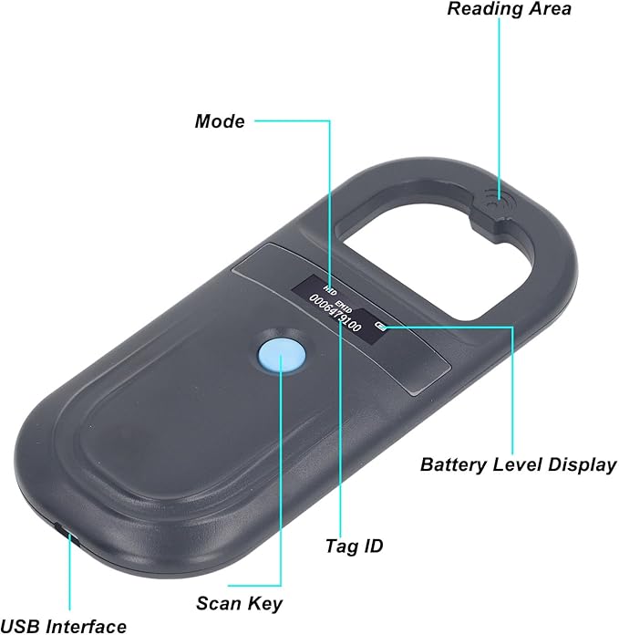 Animal ID Reader Pet Microchip Scanner Tag Reader with OLED Display USB Rechargeable 134.2KHz for Dogs Cats Pigs Animal Management