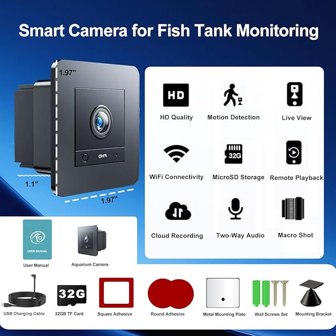 2K HD Aquarium Camera for Fish: Tanks Reptile Terrariums Camera - Anti-Glare Lens Night Vision Two-Way Audio AI Motion Detection – Aquarium Accessories with 32GB SD Card 850mAh Battery & Instructions