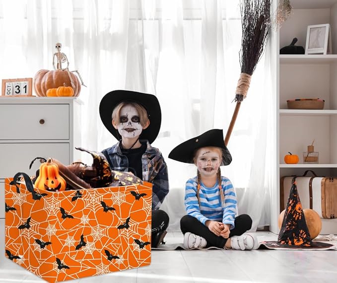 HIYAGON Rectangular Halloween Basket for Boys and Girls Kids Trick or Treat Pumpkin Basket for Halloween Parties Cute Storage Bin Organizer Box Room Decor(Bat spider web)