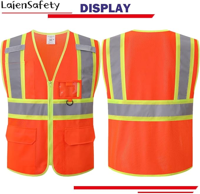 Reflective Safety Vest for Men Women with Multiple Pockets Class 2 High Visibility Mesh Vest Hi Vis Construction Work Vest,Meets ANSI/ISEA Standards(EK1-178-Orange-L)