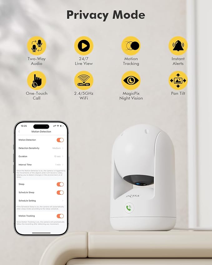 Dzees 2K Indoor Security Camera 2 Pack, 360 Degree WiFi Pet Camera with Phone App, 5G and 2.4G, Wired Home Camera with 2-Way Audio, Motion Tracking, Night Vision, White