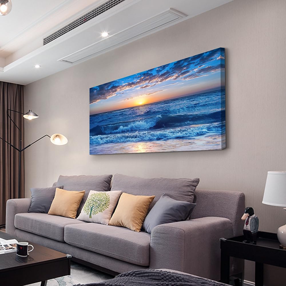 Lapremoly Framed Canvas Wall Art - Large Blue Ocean Beach Wall Painting for Living Room, Bedroom & Office - 24" x 48"