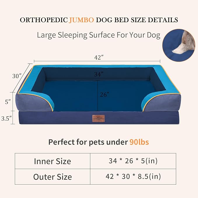 Comfort Expression Orthopedic Dog Bed for Extra Large Dogs 42x30 Inch, Waterproof Egg Crate Foam XL Pet Bed with Removable Bolsters, Dog Couch with Washable Cover & Non-Slip Bottom, Hidden Bay