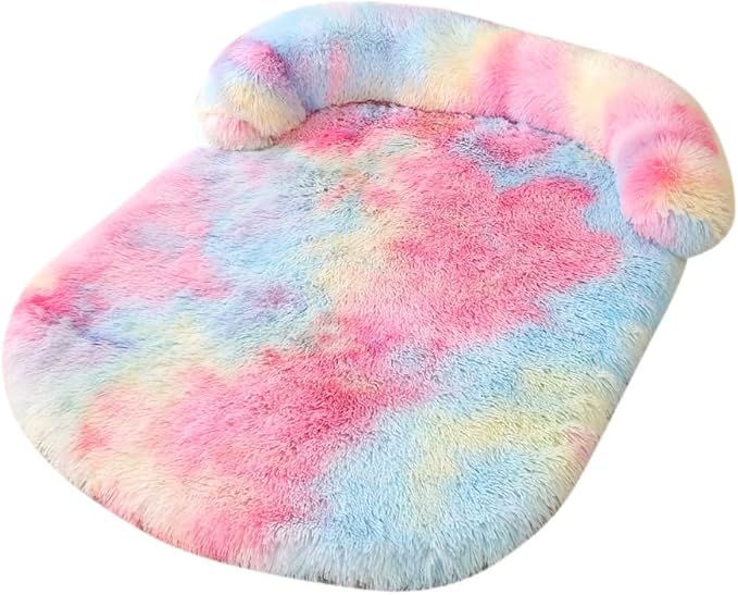 Calming Dog Bed - Fluffy Plush Mat with Removable Washable Cover | Furniture Protector for Large Dogs & Cats(Rainbow Colors,21.65X15.75X4.33in)