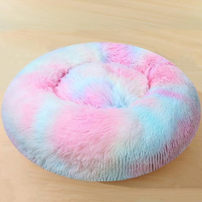 Large Calming Dog Bed, 40 Inch Anti-Anxiety Donut Dog Cuddler Cat Bed, Warming Cozy Soft Dogs Round Bed, Fluffy Faux Fur Machine Washable Pet Cushion for Medium Large Dogs & Cats (Multi Color)