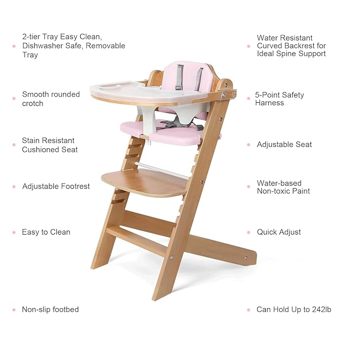 Cowiewie Natural Wooden High Chair for Babies & Toddlers 3-Tier Remove Adjustable Tray and Highchair with Cushions, Easy to Clean, Portable. (Pink)