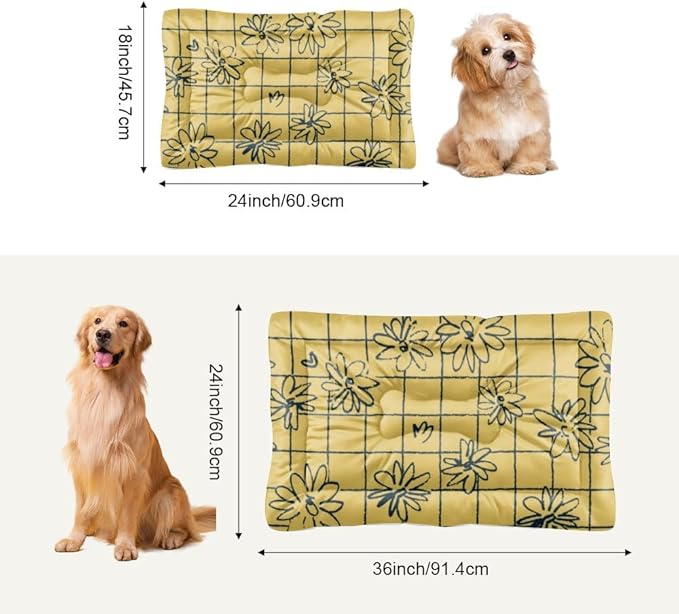Grid Floral Yellow Vintage Dog Bed Furniture Mattress for Dog Bed Pad Washable Crate Washable Non-Slip Puppy Crate for Kennel Mats Crates Pillows Medium Dogs Indoor Outdoor 36X24 Inch