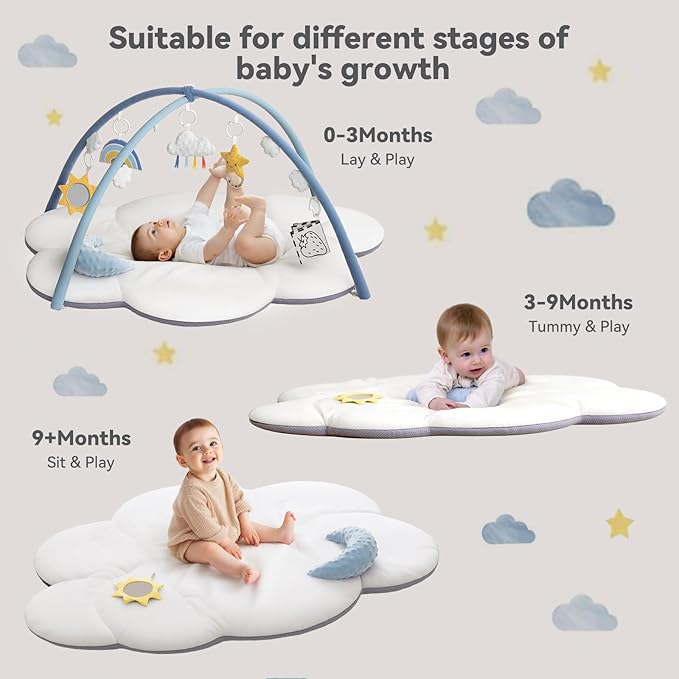 Oversized Baby Play Gym with Extra Thick Baby Play Mat – Cloud-Shaped Design, 5 Detachable Toys & Moon Pillow, Soft & Cushioned for Newborns, Promotes Sensory & Motor Development, Baby Essentials Gift
