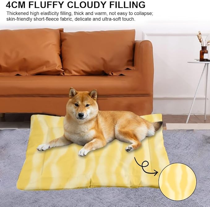 Yellow Wavy Washable Dog Beds Medium Sized Dog Bed Mats Crate Pads for Cages Bed for Crate Washable Non-Slip Cushion Tough Mat Doggy Beds Indoor Outdoor 24X18 Inch