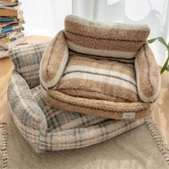 Lazy Holiday Plush Cozy Dog & Cat Sofa Bed, Teddy Velvet Dog Bed, Trendy Striped Faux Lambswool Double Layer Dog & Cat Sofa Bed Dogs Sleeping Mat for Medium Small Dogs & Cats (A-2,L)