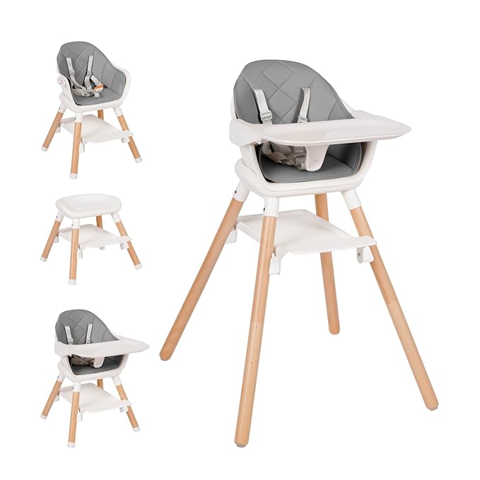 Baby High Chair, 6 in 1 Wooden Convertible High Chairs for Babies and Toddlers, Booster Seat with Double Tray & Reversible Footrest Baby Highchair, 5-Point Harness Baby Feeding Chair, Grey