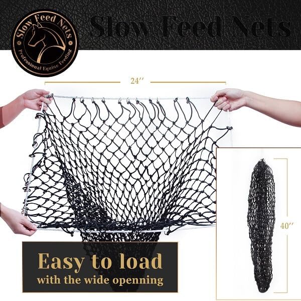 Bloomoak Slow-Feed-Hay-Net for Horses, 40" Hay Net with 2" Hole for Horse and Goat, Handwoven Hay Net, Heavy Duty PE,Easy Fill with Rings（2PCS
