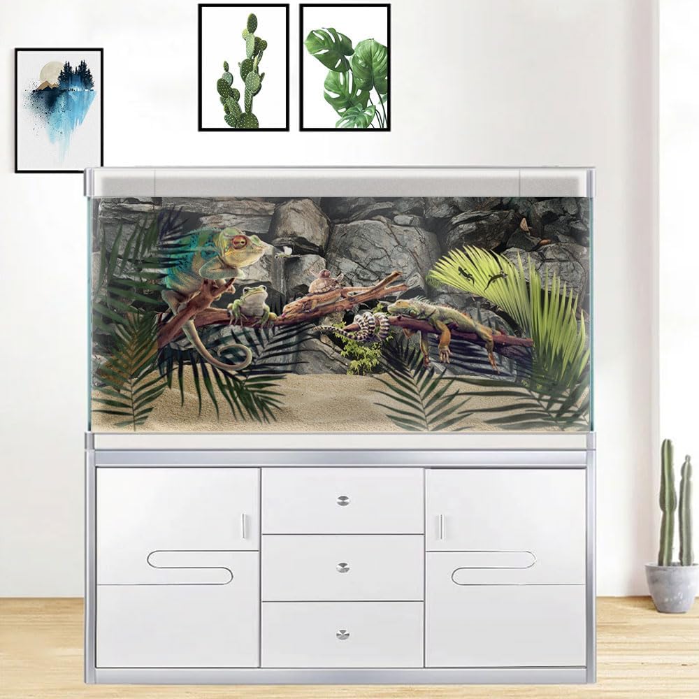 48X24IN Black Stone Aquarium Background, Rock Fish Reptile Tank Background, Natural Rocky Glass Bearded Dragon Terrarium Decor Background Wallpaper with 10 EVA Double-Sided Tape, Polyester