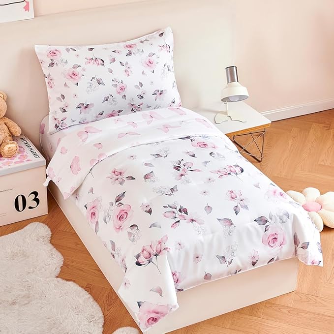 PERFEMET Floral Toddler Bedding 4-Piece Pink Flower Toddler Girls Comforter with Sheet Set Reversible Butterfly Crib Bed Sets-Comforter, Fitted Sheet,Flat Sheet,Pillowcase