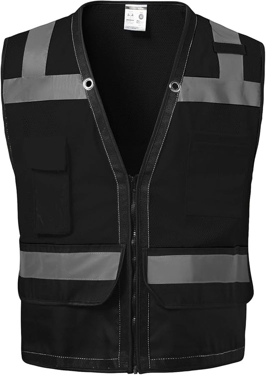 Reflective Safety Vest - Heavy Duty, ANSI/ISEA Standard Hi Vis Vest with Back Pocket & Zipper, Men & Women's (Black, 3XL)