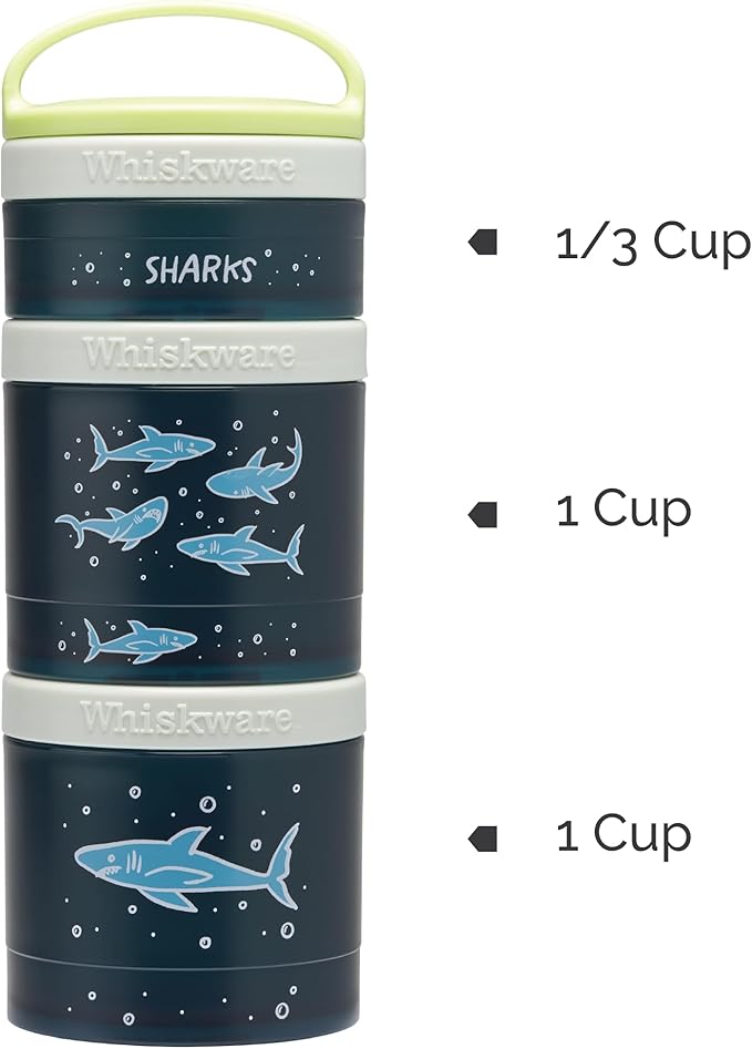 Whiskware Stackable Snack Containers for Kids and Toddlers, 3 Stackable Snack Cups for School or Travel, Sharks