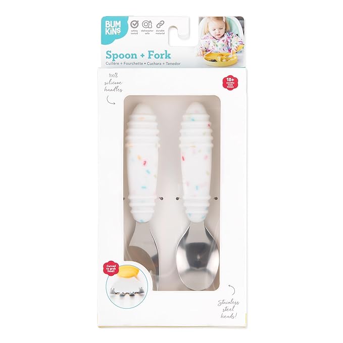 Bumkins Toddler Utensils, Kids Size Fork and Spoon Set, Silicone and Stainless-Steel Training Silverware, Angled Forks/Sporks Feeding, Children Hold Learning to Eat, 18 Mos Up, Vanilla Sprinkles