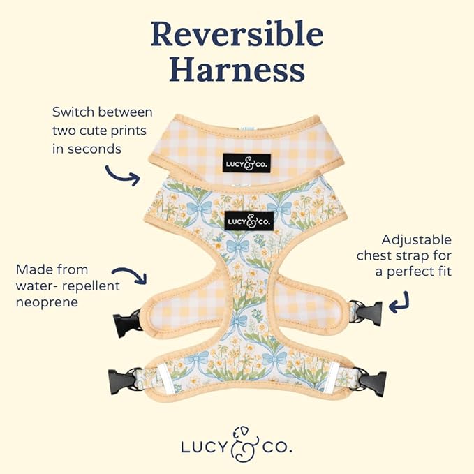 Lucy & Co. Sunshine and Daffodils Reversible Dog Harness, Adjustable Comfort Fit with Dual Leash Attachments, Large