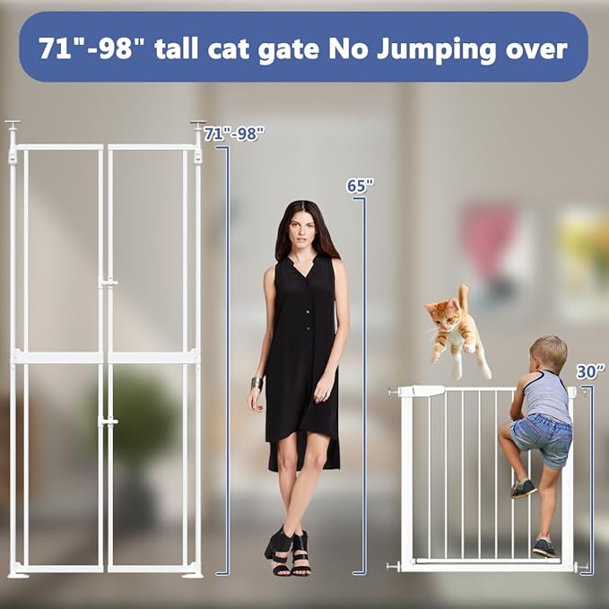 71-98" Clear Tall Cat Pet Gate, 33.5-36 in Wide Extra High Dog Gates for Doorways Acrylic Kitten Proof Full Door Barrier, Auto Close Walk Thru Puppy Pressure Mounted, Indoor White