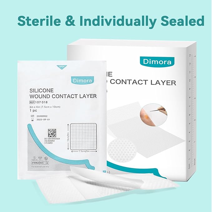 Dimora Silicone Wound Contact Layer, Non-adhering Dressing, Transparent Wound Dressing Pads, 3in x 4in (7.5cm x 10cm), 10 pcs