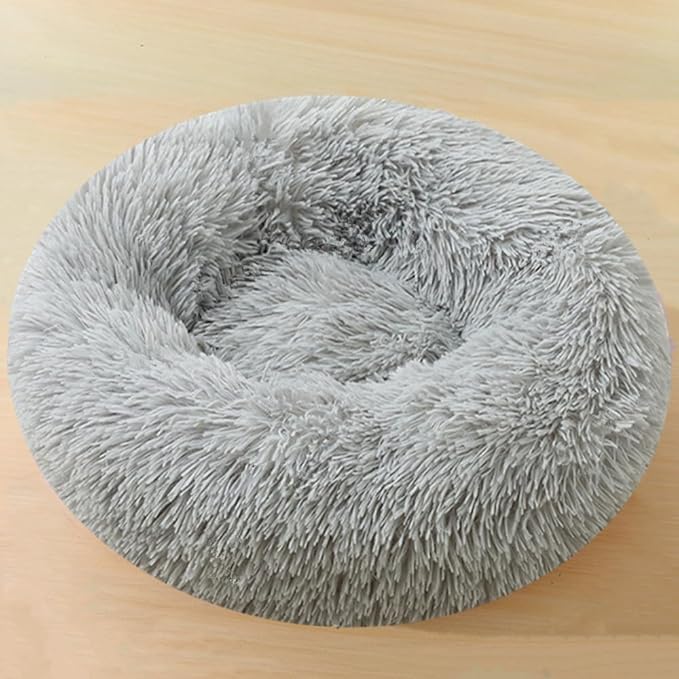Large Calming Dog Bed, 40 Inch Anti-Anxiety Donut Dog Cuddler Cat Bed, Warming Cozy Soft Dogs Round Bed, Fluffy Faux Fur Machine Washable Pet Cushion for Medium Large Dogs & Cats (Light Grey)