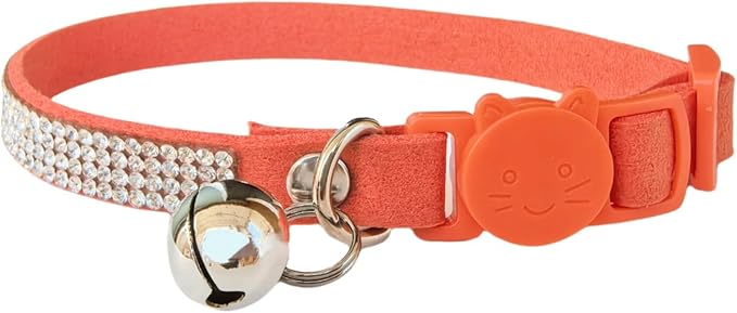Rhinestone Cat Collar Breakaway with Bell Safety Buckle, Adjustable Diamond Girl Boy Kitty Cute Comfy Collar for Kitten Tiny Little Pets Rabbits, 6"-9" Orange Extra Small