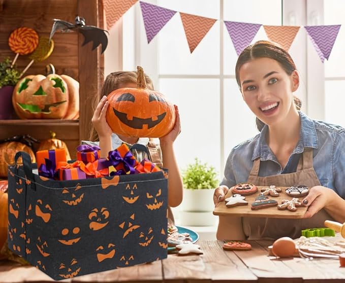 HIYAGON Rectangular Halloween Basket for Boys and Girls Kids Trick or Treat Pumpkin Basket for Halloween Parties Cute Storage Bin Organizer Box Room Decor(Black Pumpkin)
