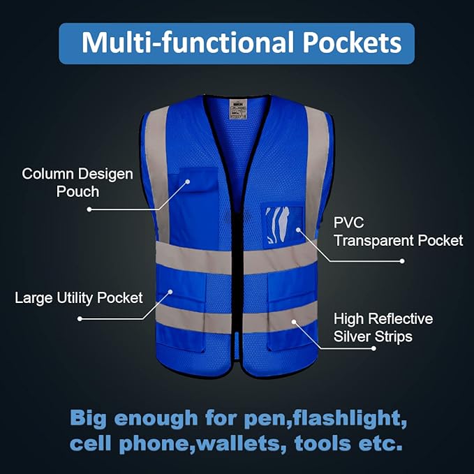 BeautyWill 5 Pack Mesh Safety Vest Custom Logo Class2 High Visibility Reflective Vest with 5 Pockets Construction Security Work Vest ANSI/ISEA Standards（Blue，3XL ）