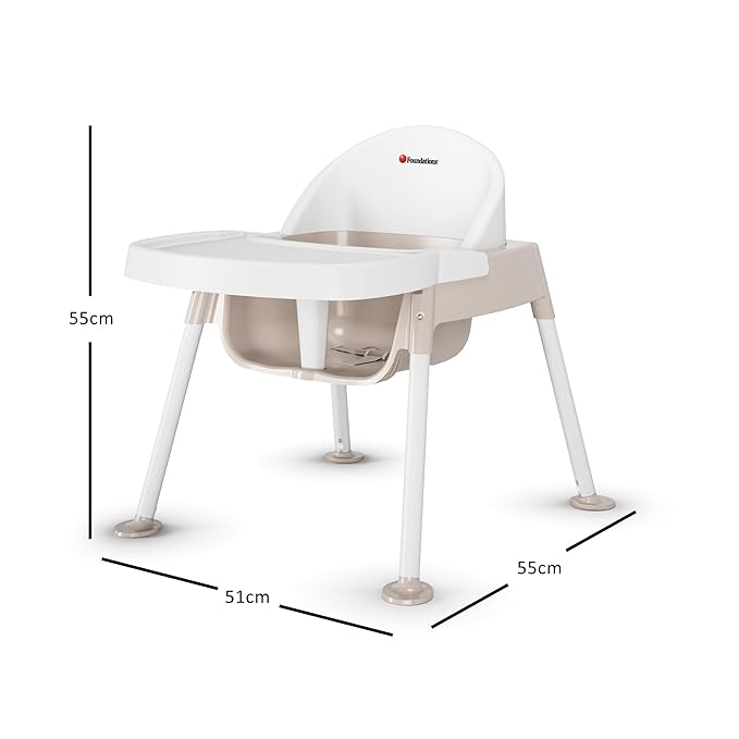 Foundations Secure Sitter 9" Feeding Chair, Stable “No Tip” Feet, 3-Point Adjustable Harness, Removable Tray, Easy to Clean, Smooth Plastic (White/Tan)