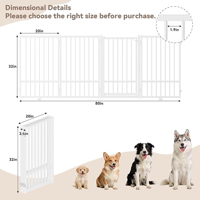 Full Metal Freestanding Dog Gate with Door, 32''Height Foldable Pet Dog Fence for Indoor & Outdoor, 4 Panels Extra Wide Free Standing TallDog Gates for Doorways,House,Stairs,Porch,Deck,Yard