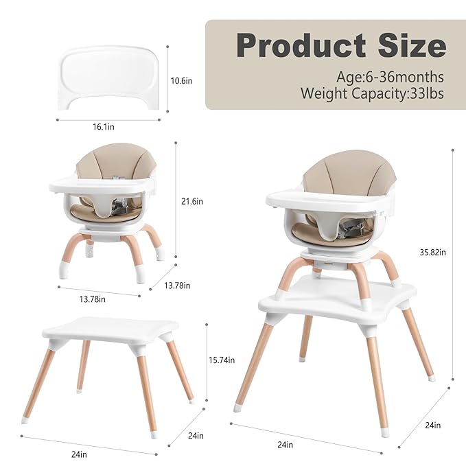 Baby High Chair, 7 in 1 Convertible High Chairs for Babies and Toddlers, Kids Learning Table, Building Block Table, Toddler Dining Chair with 360° Rotating Seat, 5-Point Safety Harness (Khaki)