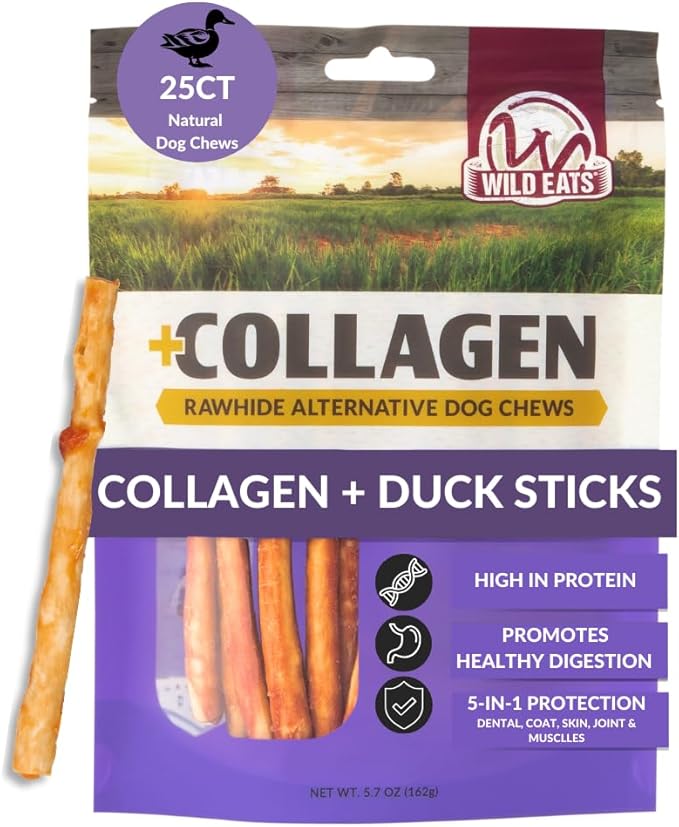 Wild Eats Real Duck Collagen Sticks for Dogs (25 Pack,5 Inch) Long Lasting Dog Chews No Hide Dog Treat Bully Stick Alternative, Rawhide Free, Grain Free, High Protein