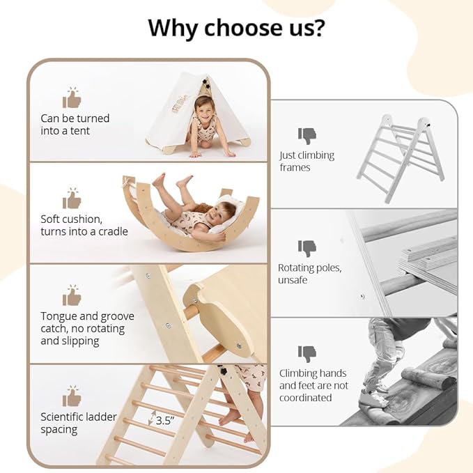 Pikler Triangle Set with Cushion, 8-in-1 Toddler Climbing Toys Indoor, Wooden Montessori Climbing Set with Arch Ramp,Ladder&Tent Cloth, Baby Indoor Climber Jungle Gyms for Toddlers Toy, Natural