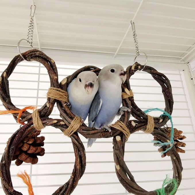Circle Straw Bird Swing Stand Bird Perches Stand Hanging Chewing Toy for Parrots Bird Playground Cage Accessories Climbing Rope Net Ladders for Foraging Toys（Random Color） (3 Rings)